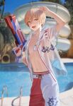  1boy absurdres aheure0329 blonde_hair commentary_request dappled_sunlight day ensemble_stars! gun hand_in_own_hair highres holding holding_gun holding_weapon korean_commentary looking_at_viewer male_focus mashiro_tomoya navel one-piece_swimsuit open_mouth outdoors pool pool_ladder poolside see-through smile solo sunlight swimsuit water water_gun weapon yellow_eyes 
