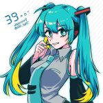  1girl 39 2020 black_sleeves blonde_hair blue_eyes blue_hair blue_necktie collared_shirt colored_inner_hair dated detached_sleeves diagonal_stripes dress_shirt floating_hair grey_shirt grin hatsune_miku headphones headset highres long_hair long_sleeves looking_at_viewer multicolored_hair necktie number_tattoo rhodium_(rh) shirt shoulder_tattoo sleeveless sleeveless_shirt smile solo striped striped_background tattoo twintails twitter_username two-tone_hair very_long_hair vocaloid wing_collar 