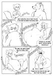  absorption_vore absurd_res animal_humanoid anthro anthro_prey belly big_belly canid canine clothing comic death digestion digestion_noises duo english_text fur furry_prey hi_res human human_pred humanoid male mammal mammal_humanoid monochrome navel shoelace_(artist) struggling struggling_prey swallowing text vore weight_gain were werecanid werecanine werewolf 