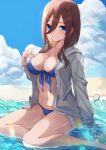  1girl absurdres beach bikini blue_bikini blue_eyes breasts brown_hair cloud go-toubun_no_hanayome highres hiyoku large_breasts long_hair midriff nakano_miku sky swimsuit thighs 