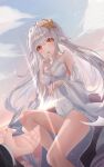 1girl absurdres blue_sky blush cloud cloudy_sky crying crying_with_eyes_open dress grimlight highres little_mermaid_(grimlight) long_hair looking_at_viewer open_mouth orange_eyes outstretched_arm sky starfish_hair_ornament tears white_hair zuu_1028 
