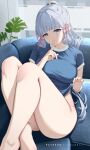  1girl :d absurdres alternate_costume artist_name bangs barefoot blue_eyes blue_shirt blunt_bangs bottomless breasts clothes_lift couch crossed_ankles feet_out_of_frame genshin_impact grey_hair grin hair_ribbon highres indoors kamisato_ayaka knees_up large_breasts legs lifted_by_self long_hair looking_at_viewer mole mole_under_eye on_couch parted_lips pink_ribbon ponytail ribbon rosumerii shirt shirt_lift short_sleeves sidelocks smile solo very_long_hair 