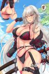  1girl ass beach bikini bikini_pull black_bikini black_gloves breasts clothes_pull cropped_jacket fate/grand_order fate_(series) from_behind gloves highres jeanne_d&#039;arc_alter_(fate) jeanne_d&#039;arc_alter_(swimsuit_berserker)_(fate) katana large_breasts long_hair looking_at_viewer mickey_dunn multiple_swords multiple_views navel o-ring o-ring_bikini o-ring_bottom o-ring_top ocean shiny shiny_hair shiny_skin shrug_(clothing) single_thighhigh standing swimsuit sword thighhighs very_long_hair weapon wet white_hair yellow_eyes 