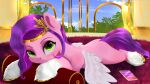  2022 crown darksly-z digital_media_(artwork) equid equine eyebrows feathered_wings feathers female feral fetlocks green_eyes hair hasbro hi_res hooves lying mammal mlp_g5 my_little_pony pegasus phone pink_body pipp_petals_(mlp) purple_hair purple_tail solo tiara tuft wavy_hair wings 