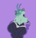  alien anonymous_artist anthro big_breasts breasts clothing fangs female jumpsuit mammal nipples rodent sabertooth_(anatomy) sciurid scratazon smile smirk solo teal_body tendrils thick_thighs 