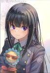  1girl bangs black_hair blunt_bangs blurry hair_ornament hairclip inoue_takina jacket light_smile long_hair looking_to_the_side lycoris_recoil purple_eyes school_uniform shiroi_karasu simple_background solo white_background 