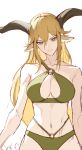  1girl alternate_costume animal_ears arknights bikini blonde_hair breasts brown_eyes cleavage collarbone commentary_request cowboy_shot degenbrecher_(arknights) goat_ears goat_girl goat_horns green_bikini hair_between_eyes highres horns jason_kim korean_commentary large_breasts long_hair looking_at_viewer navel o-ring o-ring_bikini sketch solo stomach swimsuit v-shaped_eyebrows very_long_hair white_background 