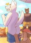  anthro beach bulge butt canid canine canis clothing devfoxnsfw domestic_dog exhibitionism fox group hi_res male male/male mammal public seaside smile ursid 