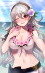  1girl absurdres alternate_costume asada_sadao bangs beach bikini black_hairband blue_sky blush breasts cleavage cloud collarbone commentary corrin_(fire_emblem) corrin_(fire_emblem)_(female) corrin_(summer)_(fire_emblem)_(female) day fire_emblem fire_emblem_fates fire_emblem_heroes flower flower_necklace grey_hair hair_between_eyes hair_flower hair_ornament hairband highres large_breasts long_hair looking_at_viewer navel ocean official_alternate_costume one_eye_closed open_mouth outdoors outstretched_arm pink_flower purple_flower reaching_out red_eyes sky smile solo stomach sunlight swimsuit teeth upper_body upper_teeth water wavy_hair wet white_bikini white_swimsuit 
