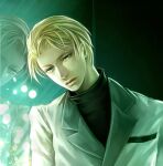  1boy asymmetrical_hair bangs black_shirt blonde_hair blue_eyes earrings final_fantasy final_fantasy_vii jacket jewelry leaning lips looking_down male_focus parted_bangs reflection rufus_shinra shirt short_hair single_earring solo tetra_takamine turtleneck upper_body white_jacket 