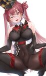  1girl bangs bare_shoulders black_gloves black_headwear black_thighhighs blush boots breasts commentary_request covered_navel elbow_gloves gloves hair_between_eyes hat heterochromia highres hololive houshou_marine large_breasts long_hair looking_at_viewer official_alternate_costume parted_lips red_eyes red_hair shougun_(chuckni1) simple_background smile solo squatting thigh_boots thighhighs thighs virtual_youtuber white_background yellow_eyes 
