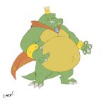 2022 absurd_res anthro belly big_belly canson cape claws clothing crocodilian crown donkey_kong_(series) fangs gem green_body green_skin hi_res jewelry king king_k._rool kremling male musclegut muscular muscular_male navel nintendo outie_navel overweight overweight_male pecs plantigrade reptile royalty scalie sharp_teeth signature simple_background smile solo teeth video_games white_background yellow_body yellow_skin 
