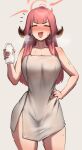  1girl aru_(blue_archive) blue_archive blush bottle breasts closed_eyes collarbone cowboy_shot grey_background halo hand_on_hip highres holding holding_bottle horns large_breasts long_hair milk_bottle naked_towel open_mouth red_hair roresu simple_background solo towel 
