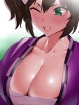  1girl absurdres blurry blurry_background blush breasts brown_hair chest_sarashi cleavage close-up collarbone green_eyes grimace highres inari_one_(umamusume) large_breasts one_eye_closed sarashi shiny shiny_skin short_eyebrows short_hair solo sweat umamusume yesman 