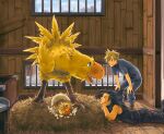  2boys bird black_hair black_pants black_shirt blonde_hair blue_eyes blue_pants blue_shirt boots chick chocobo closed_eyes cloud_strife feet_out_of_frame final_fantasy final_fantasy_vii full_body hair_between_eyes hair_slicked_back hatching head_on_hand indoors leaning_forward long_hair looking_at_another lying male_focus multiple_boys nest on_stomach pants scar scar_on_cheek scar_on_face shirt short_hair sideburns sleeveless sleeveless_turtleneck spiked_hair stable torimaru-douhu turtleneck window zack_fair 