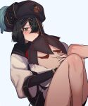  1girl black_hair black_headwear bracelet breasts brown_eyes chinese_clothes doll fate/grand_order fate_(series) hair_over_one_eye hat highres holding holding_doll jewelry long_sleeves looking_at_viewer makuro mole mole_under_eye robe short_hair small_breasts solo thighs white_robe xu_fu_(fate) yu_mei-ren_(fate) 