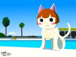  2021 animal_crossing anthro beach bent_over bikini bikini_bottom bikini_top blue_sky blush breasts brown_hair cleavage clothed clothing domestic_cat dripping dripping_wet eyewear felicity_(animal_crossing) felid feline felis female fur hair hand_behind_head hands_behind_head looking_at_viewer mammal nintendo nonyammychoko orange_nose outside partially_submerged plant poolside sea seaside shaded signature sitting sky smile solo standing sunglasses swimming_pool swimwear tangy_(animal_crossing) tree video_games water water_drop wet white_body white_fur wide_hips 