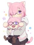  2girls :3 alternate_costume animal_ears azu_(kirara310) black-framed_eyewear black_dress black_pantyhose blush brown_footwear carrying carrying_person cat_ears cat_tail chibi closed_mouth collared_dress commentary_request cosplay dress fate/grand_order fate_(series) glasses grey_jacket hair_over_one_eye highres hood hood_down hooded_jacket hug hug_from_behind jacket kemonomimi_mode long_sleeves looking_at_viewer mash_kyrielight mash_kyrielight_(cosplay) melty_blood melty_blood:_type_lumina multiple_girls necktie neco-arc official_alternate_costume one_eye_covered open_mouth pantyhose pink_hair purple_eyes red_necktie shoes signature size_difference smile tail tsukihime tsukihime_(remake) white_background 