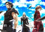  3boys angeal_hewley aqua_eyes armor bangs belt black_feathers black_gloves black_hair black_jacket black_pants black_shirt blurry blurry_foreground brown_hair buckle chest_strap cloud cloudy_sky collarbone cowboy_shot crisis_core_final_fantasy_vii facial_hair falling_feathers feathers final_fantasy final_fantasy_vii gaura_(wildxbabe) genesis_rhapsodos gloves hair_between_eyes high_collar jacket long_hair long_jacket looking_at_viewer male_focus medium_hair multiple_belts multiple_boys muscular muscular_male open_collar outdoors pants parted_bangs red_gloves red_jacket sephiroth shirt shoulder_armor sideburns sky sleeveless sleeveless_shirt smile soul_patch suspenders white_feathers white_hair 