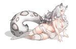  1girl absurdres akibin_0502 animal_ears arknights bare_shoulders braid breasts cleavage cleavage_cutout clothing_cutout full_body grey_eyes grey_hair grey_sweater grey_thighhighs groin hair_between_eyes highres large_breasts leopard_ears leopard_girl leopard_tail long_hair lying meme_attire navel on_side open_mouth pramanix_(arknights) shadow side_braids simple_background solo sweater tail thighhighs thighs virgin_killer_sweater wavy_hair white_background 