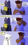  anthro belly bottomwear brown_body brown_fur brown_hair canid chubby_male clothed clothing comic dialogue digital_media_(artwork) duo english_text eyebrows eyes_closed facial_piercing fur grey_body grey_fur hair hi_res hoodie hybrid juno_(sleepywozzy) klenn_(sleepywozzy) laugh male male/male mammal mature_anthro mature_male muscular muscular_male nose_piercing open_mouth overweight overweight_male piercing simple_background sleepywozzy smile text thick_eyebrows topwear ursid 