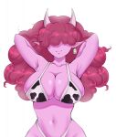  animal_print big_breasts bikini breasts clothing cosmicpalomita covered_eyes cow_print curled_hair demon ear_tag female hair hair_over_eyes hands_behind_head hi_res horn humanoid humanoid_pointy_ears jackie_(kamex) messy_hair navel obscured_eyes pink_body red_hair simple_background smile solo swimwear 