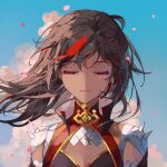  1girl black_hair blue_sky closed_eyes closed_mouth cloud dark-skinned_female dark_skin genshin_impact hair_down medium_hair multicolored_hair shoulder_spikes sky smile solo spikes streaked_hair xinyan_(genshin_impact) yeurei 