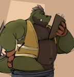  2022 anthro armpit_hair belly black_body body_hair bottomwear clothing dippubear green_body hi_res humanoid_hands male moobs musclegut navel nipples overweight overweight_male pants scalie solo 