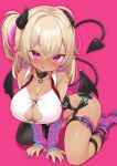  1girl :3 blonde_hair blush boots breasts button_gap choker cleavage colored_inner_hair dark-skinned_female dark_skin demon_girl demon_tail demon_wings earrings eyeshadow hair_between_eyes horns jewelry large_breasts licking_lips makeup micro_shorts msp_sammy multicolored_hair oppai_loli original pink_background pink_eyes pink_hair pointy_ears pubic_tattoo shirt shorts simple_background single_thighhigh sleeveless sleeveless_shirt smile solo tail tattoo thigh_strap thighhighs tongue tongue_out two-tone_hair wings 