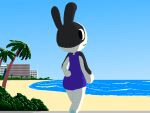  2022 :3 animal_crossing anthro beach big_butt black_body black_fur blue_pawpads blue_sky building bush_(disambiguation) butt clothed clothing domestic_rabbit dotty_(animal_crossing) dutch_rabbit feet female fur hand_on_hip lagomorph leporid looking_at_viewer looking_back mammal multicolored_body multicolored_fur nintendo nonyammychoko oryctolagus palm_tree pawpads paws plant rabbit rear_view sand sea seaside shaded shadow sky smile soles solo standing tree video_games water white_body white_fur wide_hips 