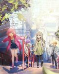  2boys 2girls :d bangs blonde_hair blue_hair blue_jacket blurry blurry_background blurry_foreground cellphone city closed_eyes depth_of_field green_hair green_jacket hand_on_hip highres jacket kamishiro_rui kusanagi_nene layered_clothes leaf long_hair long_sleeves looking_at_viewer multicolored_hair multiple_boys multiple_girls ootori_emu open_mouth outdoors overalls phone pink_hair pink_jacket project_sekai purple_eyes purple_hair running salute shirt shoes short_hair skirt smartphone smile sneakers stairs streaked_hair tenma_tsukasa tree wonderlands_x_showtime_(project_sekai) yellow_shirt yuhi_(hssh_6) 
