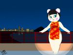  2021 animal_crossing anthro black_hair blue_eyes blush breasts building city cityscape clothed clothing female fur hair light looking_at_viewer mammal medium_breasts night nintendo nonyammychoko outside pekoe_(animal_crossing) shaded signature sky smile solo standing star ursid video_games white_body white_fur wide_hips 