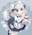  1girl animal_ears apron bangs blonde_hair blue_eyes blush brooch cake cake_slice cherry chocolate fish fish_hair_ornament food fruit hair_ornament holding holding_tray holding_utensil jewelry koguma105 maid_headdress mary_janes medium_hair neck_ribbon original parfait ribbon shoes smile solo standing standing_on_one_leg strawberry striped striped_ribbon tail thighhighs tray two_side_up utensil_in_mouth waist_apron waitress 