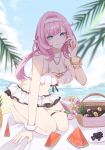  akip bangs bikini blue_eyes blush breasts closed_mouth elysia_(honkai_impact) food fruit hair_between_eyes hair_ornament highres honkai_(series) honkai_impact_3rd large_breasts long_hair looking_at_viewer navel pink_hair smile solo swimsuit watermelon 