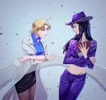  2girls akagi_ritsuko bangs black_hair blonde_hair blue_eyes book coffee_mug cowboy_hat crossover cup earrings green_eyes hat highres jacket jewelry kuyau labcoat long_hair looking_at_another midriff mug multiple_girls neon_genesis_evangelion nico_robin one_piece pantyhose purple_jacket short_hair simple_background skirt 