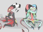  black_clothing blitzo_(helluva_boss) bodily_fluids clothing clown clown_makeup danidrawsandstuff duo fizzarolli_(helluva_boss) frown green_eyes helluva_boss hi_res horn imp looking_away male multicolored_clothing red_eyes simple_background sitting sweat worried yellow_eyes 