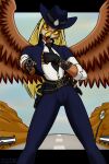  5_fingers accipitrid accipitriform angelfs anthro avian beak belt bird blonde_hair bullet clothing cowboy_hat cowgirl_outfit feathered_wings feathers female fingers gun hair handgun hat headgear headwear hi_res hill necktie ranged_weapon revolver road road_sign solo weapon western wings 