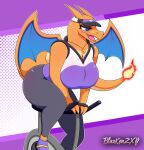  2022 anthro bicycle big_breasts big_butt blazkenzxy blue_eyes bodily_fluids breasts butt charizard cleavage clothed clothing digital_drawing_(artwork) digital_media_(artwork) dragon female fire flaming_tail hi_res horn mega_stone membrane_(anatomy) membranous_wings multicolored_body nintendo orange_body pok&eacute;mon pok&eacute;mon_(species) pok&eacute;mon_unite scalie signature simple_background solo sportswear sweat tan_body thick_thighs two_tone_body video_games wings 