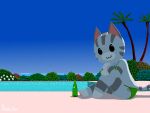  2022 :3 animal_crossing anthro beach beverage bikini bikini_bottom bikini_top blue_sky bottle breasts bush_(disambiguation) canid canine clothed clothing domestic_cat feet felid feline felis female fur grey_body grey_fur hand_on_knee hand_on_leg lolly_(animal_crossing) looking_away looking_down mammal markings nintendo nonyammychoko on_ground outside palm_tree pawpads plant poolside seaside shaded shadow signature simple_eyes sitting sky smile solo striped_body striped_fur striped_markings striped_tail stripes swimming_pool swimwear tail_markings tree video_games water white_body white_fur 