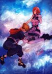  1boy 1girl belt black_footwear black_jacket black_pants blush boots breasts brown_hair buttons closed_eyes cloud cloudy_sky couple dress hair_between_eyes hand_on_another&#039;s_neck highres hood hood_down hooded_dress hooded_jacket jacket kairi_(kingdom_hearts) kingdom_hearts kingdom_hearts_iii kneeling medium_breasts pants parted_lips pink_dress plaid pleated_dress red_eyes red_hood ripples sera_(serappi) short_dress short_hair sky sleeveless sleeveless_dress sora_(kingdom_hearts) spiked_hair wristband 