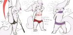  annoyed anthro big_ears butt canid canine clothing crossed_arms dialogue ear_piercing ear_ring fennec fennephilim_fox fox fur hand_on_head hi_res male mammal melee_weapon paws piercing polearm rear_view ring_piercing scythe shirt simple_background solo spread_legs spreading sweater swimming_trunks swimwear tagger_fox tank_top topwear underwear weapon white_body white_fur 