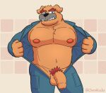  anthro balls canid canine canis chevkoda_(artist) clothing domestic_dog dribble_(warioware) eyebrows fur genitals hi_res jumpsuit looking_at_viewer male mammal navel nipples orange_body orange_fur penis presenting pubes sharp_teeth signature simple_background solo standing teeth thick_eyebrows 