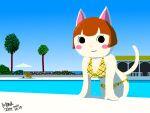  2021 animal_crossing anthro beach bent_over bikini bikini_bottom bikini_top blue_sky blush breasts brown_hair cleavage clothed clothing domestic_cat dripping dripping_wet eyewear felicity_(animal_crossing) felid feline felis female fur hair hand_behind_head hands_behind_head looking_at_viewer mammal nintendo nonyammychoko orange_nose outside partially_submerged plant poolside sea seaside shaded signature sitting sky smile solo standing sunglasses swimming_pool swimwear tangy_(animal_crossing) tree video_games water water_drop wet white_body white_fur wide_hips 