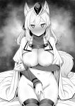  1girl absurdres animal_ears arknights blush breasts closed_mouth commentary_request covering covering_crotch godharo1 greyscale highres horse_ears horse_girl horse_tail large_breasts long_sleeves looking_at_viewer medium_hair monochrome navel nipples sitting solo sweat tail thighhighs turtleneck whislash_(arknights) 