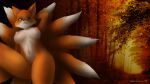  absurd_res anthro blue_eyes breasts canid canine female fox fur genitals hi_res mammal multi_tail nipples nude orange_background orange_body orange_fur pussy simple_background solo space_dynamics wallpaper 