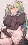  2girls alternate_costume apron black_dress blush breasts byleth_(fire_emblem) byleth_(fire_emblem)_(female) closed_eyes commentary_request dress enmaided fire_emblem fire_emblem:_three_houses frilled_apron frills from_side garter_straps gloves green_hair grey_background hand_under_clothes heart highres ikarin implied_fingering kiss large_breasts long_hair long_sleeves maid maid_headdress multiple_girls pointy_ears profile rhea_(fire_emblem) simple_background sitting spoken_heart sweat thighhighs very_long_hair white_apron white_gloves white_thighhighs wrist_cuffs yuri 