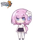  1girl bangs black_footwear black_skirt blush_stickers bow breasts chibi closed_mouth collared_shirt copyright_name dress_shirt elysia_(honkai_impact) eta flower full_body hair_flower hair_ornament heart honkai_(series) honkai_impact_3rd looking_at_viewer low_ponytail pink_bow pink_hair pleated_skirt ponytail school_uniform shirt shoes short_sleeves simple_background skirt small_breasts smile solo standing thighhighs white_background white_flower white_shirt 