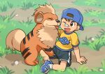  1boy ;d a-roku_(eeroku) arm_support backwards_hat bandaid bandaid_on_face bandaid_on_nose baseball_cap blue_footwear blue_headwear blush brown_eyes brown_hair day grass growlithe hat highres male_child male_focus one_eye_closed open_mouth outdoors pokemon pokemon_(creature) pokemon_(game) pokemon_oras shirt shoes short_hair short_sleeves shorts sitting smile sneakers socks t-shirt yellow_shirt youngster_(pokemon) 