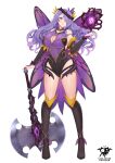  1girl absurdres alternate_costume artist_name axe bare_shoulders battle_axe black_footwear black_leotard black_sleeves boots breasts camilla_(fire_emblem) cleavage_cutout clothing_cutout commentary cosplay detached_sleeves english_commentary fairy_wings fire_emblem fire_emblem_fates fire_emblem_heroes floating floating_object full_body hair_ornament hair_over_one_eye highres holding holding_axe holding_weapon huge_breasts kaos_art leotard lips long_hair looking_at_viewer multicolored_clothes multicolored_leotard one_eye_covered parted_lips pink_lips plumeria_(fire_emblem) plumeria_(fire_emblem)_(cosplay) purple_eyes purple_hair purple_leotard sideboob simple_background solo thighs thorns two-tone_leotard wavy_hair weapon white_background wings 