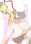 1girl back bangs blonde_hair blush bra breasts commentary_request from_side hair_up hanging_breasts hat hat_ribbon large_breasts looking_afar mob_cap motion_lines nape outline parted_lips pink_background purple_eyes red_ribbon ribbon sidelocks solo touhou trembling two-tone_background under_covers underwear upper_body waking_up white_background white_headwear yakumo_yukari zannen_na_hito 